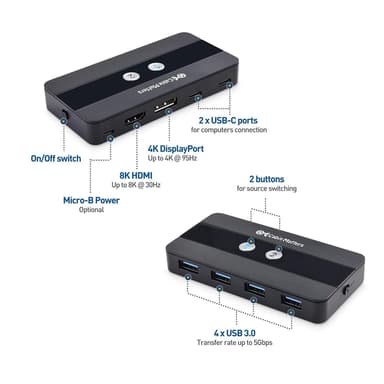 Cable Matters USB-C KVM-kytkin 2–2 HDMI ja DP 8K30Hz 4K60Hz 4xUSB3.0 Gbps yhteensopiva Thunderbolt 3:n, 4:n ja USB4:n kanssa
