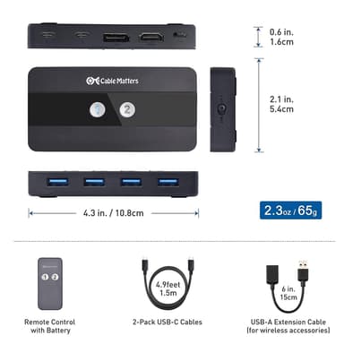 Cable Matters USB-C KVM-kytkin 2–2 HDMI ja DP 8K30Hz 4K60Hz 4xUSB3.0 Gbps yhteensopiva Thunderbolt 3:n, 4:n ja USB4:n kanssa