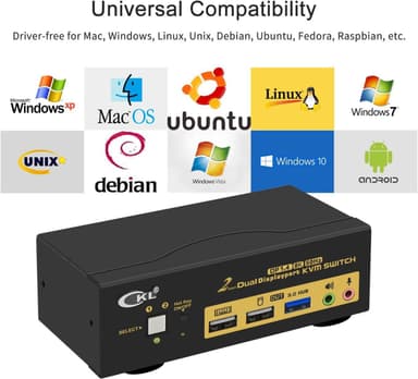 KVM-kytkin 2–2 DisplayPort–DisplayPort, 8K30Hz 4K144Hz, 3 x USB-A, 2 x 3,5 mm AUX