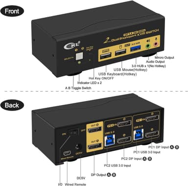 KVM-kytkin 2–2 DisplayPort–DisplayPort, 8K30Hz 4K144Hz, 3 x USB-A, 2 x 3,5 mm AUX