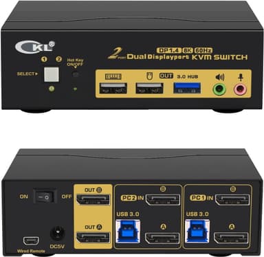 KVM-kytkin 2–2 DisplayPort–DisplayPort, 8K30Hz 4K144Hz, 3 x USB-A, 2 x 3,5 mm AUX