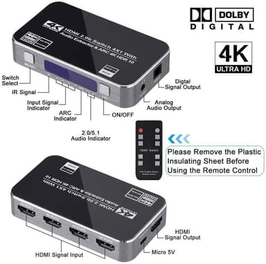 NÖRDIC HDMI-kytkin 4 - 1, jossa on äänen erotin ja ARC 4K60Hz MHL Dolby True SPDIF 3D-stereo