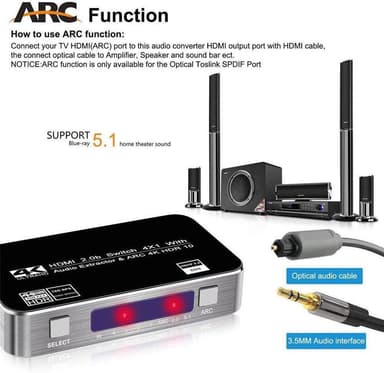 NÖRDIC HDMI-kytkin 4 - 1, jossa on äänen erotin ja ARC 4K60Hz MHL Dolby True SPDIF 3D-stereo