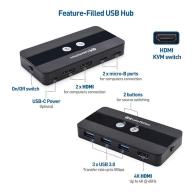 Cable Matters micro-USB 3.0 KVM -kytkin kahdelle tietokoneelle, joissa on HDMI ja 3x USB-A