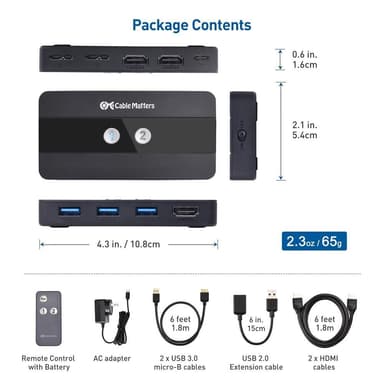 Cable Matters micro-USB 3.0 KVM -kytkin kahdelle tietokoneelle, joissa on HDMI ja 3x USB-A