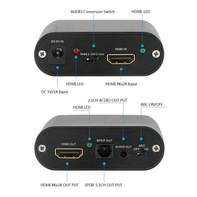 NÖRDIC HDMI-erotin HDMI–HDMI, Toslink ja 3,5 mm stereo, ARC:llä, 4K 60 Hz, Dolby 3D