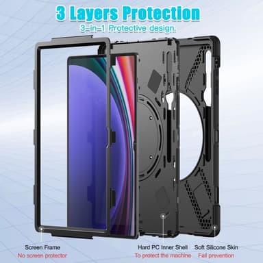 SKALO Samsung Tab S10 Ultra Extra Shockproof Armor 360 Kahva/Tripod Suojakuori - Musta