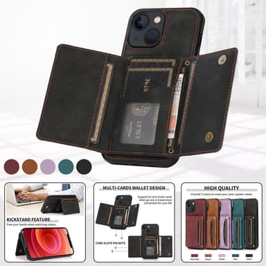 Ylellinen PU-nahkakotelo iPhone 15 -sarjalle, korttiteline, taitettava jalusta iPhone 15