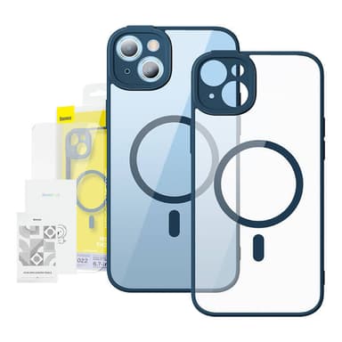 Baseus Frame läpinäkyvä magneettikotelo ja karkaistu lasisetti iPhone 14 Plus:lle (sininen)