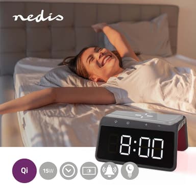 Nedis Herätyskello langattomalla latauksella | Qi-sertifioitu | 5 / 7.5 / 10 / 15 W | USB-A Uros | Yövalo | 2 Hälytysaikojen | Torkkutoiminto