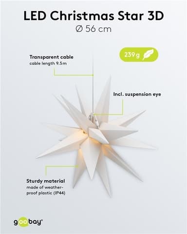 Goobay LED-julstjärna 3D, Ø 56 cm, 4,5 V utomhustransformator med timer och 18 spetsar, varmvitt (3000 K), av väderbeständig plast (IP44), kabel 9,5 m