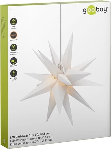 Goobay LED-julstjärna 3D, Ø 56 cm, 4,5 V utomhustransformator med timer och 18 spetsar, varmvitt (3000 K), av väderbeständig plast (IP44), kabel 9,5 m
