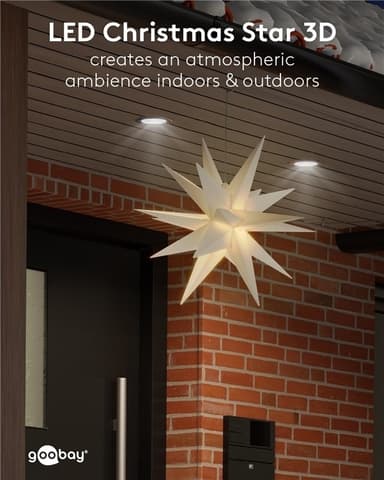 Goobay LED-julstjärna 3D, Ø 56 cm, 4,5 V utomhustransformator med timer och 18 spetsar, varmvitt (3000 K), av väderbeständig plast (IP44), kabel 9,5 m