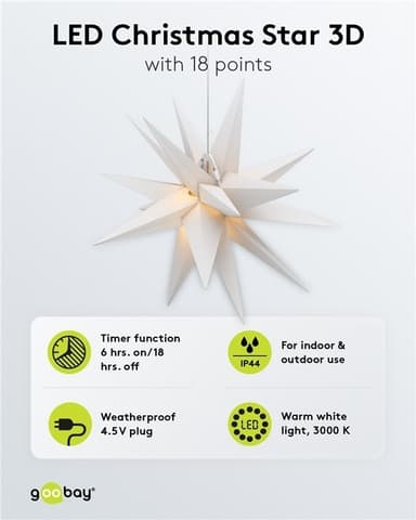 Goobay LED-julstjärna 3D, Ø 56 cm, 4,5 V utomhustransformator med timer och 18 spetsar, varmvitt (3000 K), av väderbeständig plast (IP44), kabel 9,5 m