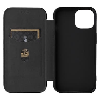 SKALO iPhone 15 Carbon Fiber Lompakkokotelo - Musta
