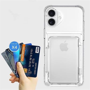Takakuori korttipaikalla ja jalustalla iPhone 16 Plus -puhelimelle