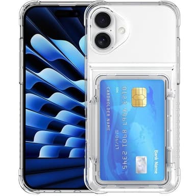 Takakuori korttipaikalla ja jalustalla iPhone 16 Plus -puhelimelle