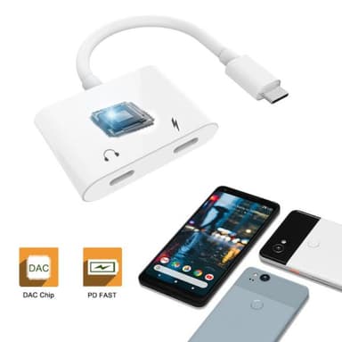 USB-C 2-in-1 -sovitin kuulokkeille ja laturilla