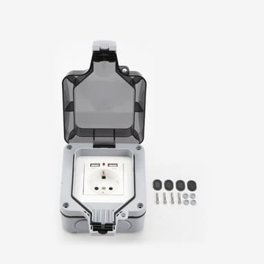 Vedenpitävä seinäpistorasia kannella, 2 USB-porttia Harmaa