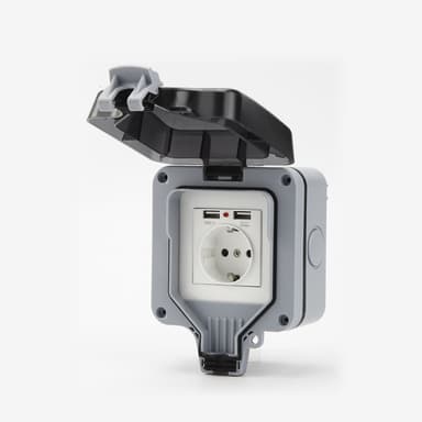 Vedenpitävä seinäpistorasia kannella, 2 USB-porttia Harmaa