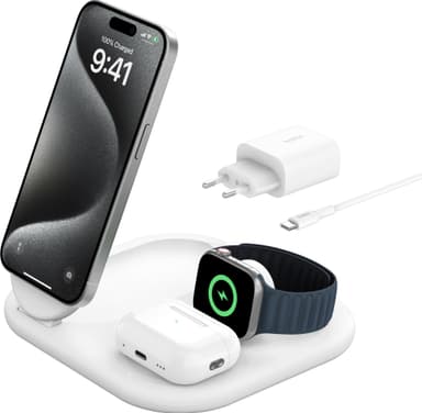 Belkin 3-in-1 Qi2 kokoontaitettava MagSafe laturi (valkoinen)