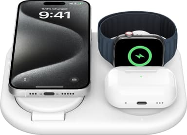 Belkin 3-in-1 Qi2 kokoontaitettava MagSafe laturi (valkoinen)