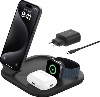 Belkin 3-in-1 Qi2 kokoontaitettava MagSafe laturi (musta)