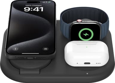 Belkin 3-in-1 Qi2 kokoontaitettava MagSafe laturi (musta)