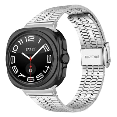 Samsung Galaxy Watch Ultra 47MM ruostumattomasta teräksestä valmistettu kellon ranneke, jossa on kaksinkertainen nappi Hopea