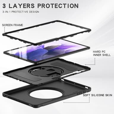 SKALO Samsung Tab S7 FE Extra Shockproof Armor 360 Kahva/Tripod Suojakuori - Musta