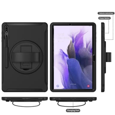 SKALO Samsung Tab S7 FE Extra Shockproof Armor 360 Kahva/Tripod Suojakuori - Musta