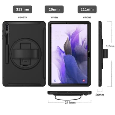SKALO Samsung Tab S7 FE Extra Shockproof Armor 360 Kahva/Tripod Suojakuori - Musta