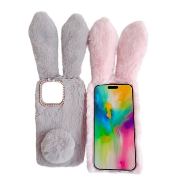 SKALO iPhone 16 Pro 3D Soft Furry Bunny Ears Suojakuori - Harmaa