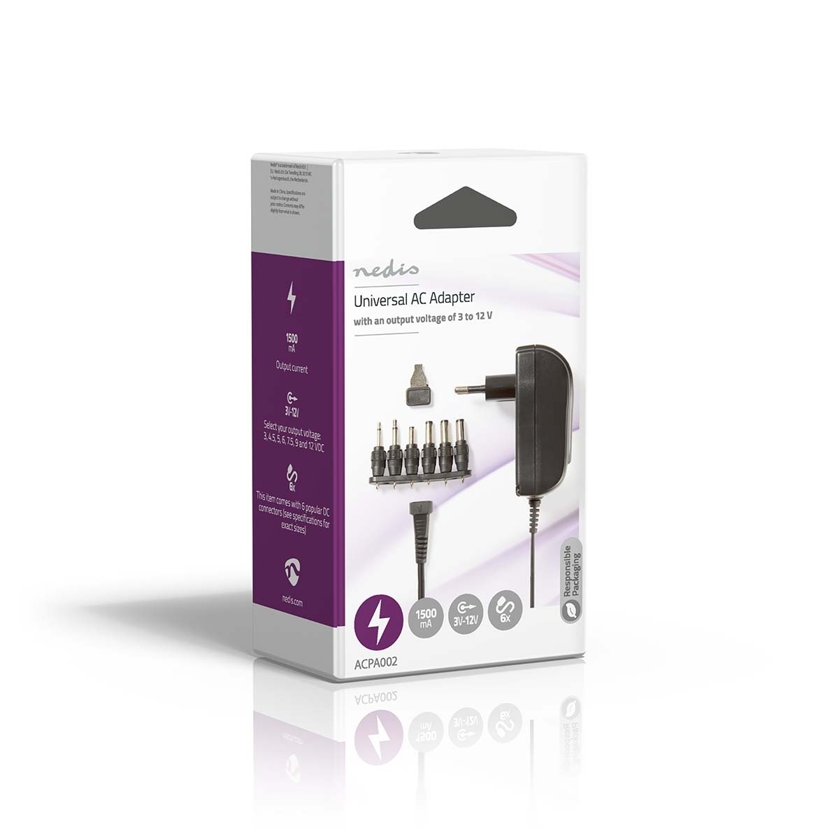 Nedis AC Yleisvirtalähde | 18 W | 3 - 12 V DC | 1.80 m | 1.5 / 2.1 A | 6 plug(s) | Musta