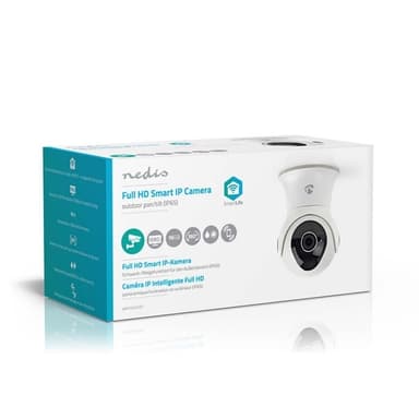 Nedis SmartLife Ulkokamera | Wi-Fi | Full HD 1080p | Kääntö/kallistus | IP65 | Pilvipalvelutallennus (valinnainen) / Sisäinen 16GB | 12 V DC | Liiketunnistimella | Yökuvaus | Valkoinen