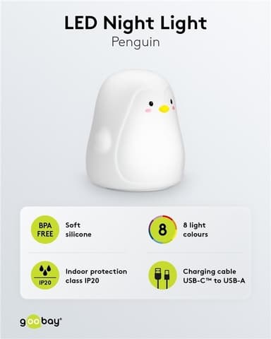 Goobay LED-nattlampa ""Pingvin"" varmvitt ljus och 7 färgskiftningar (RGB-ljus), med 3 ljuslägen, beröringssensor och Li-ion-batteri (3,7 V/1200 mAh), tillverkat av mjukt silikon