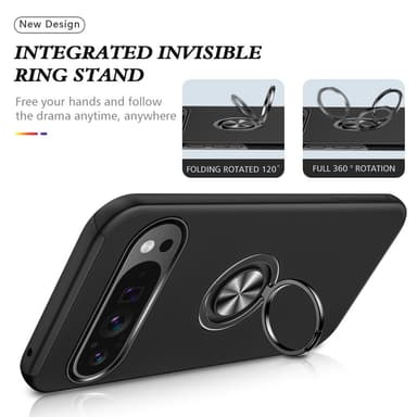 Google Pixel 9 Pro XL sormenrengasjalustan hybridikotelo - musta