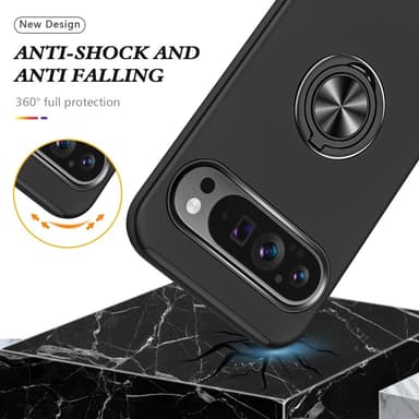 Google Pixel 9 Pro XL sormenrengasjalustan hybridikotelo - musta