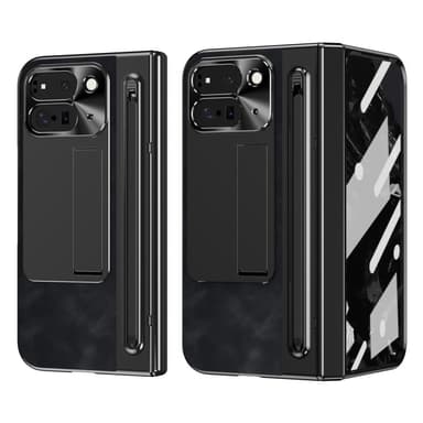 Google Pixel 9 Pro Fold 5G Kotelo Kickstand Nahka+PC Suojakuori Karkaistulla Lasilla ja Stylus - Musta