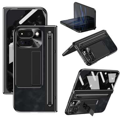Google Pixel 9 Pro Fold 5G Kotelo Kickstand Nahka+PC Suojakuori Karkaistulla Lasilla ja Stylus - Musta