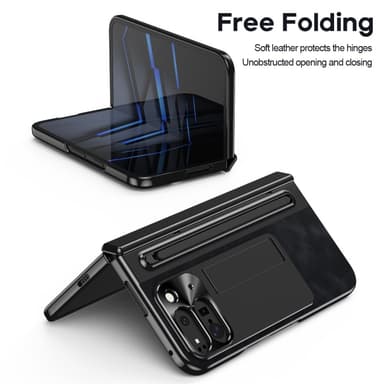 Google Pixel 9 Pro Fold 5G Kotelo Kickstand Nahka+PC Suojakuori Karkaistulla Lasilla ja Stylus - Musta
