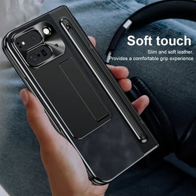 Google Pixel 9 Pro Fold 5G Kotelo Kickstand Nahka+PC Suojakuori Karkaistulla Lasilla ja Stylus - Musta