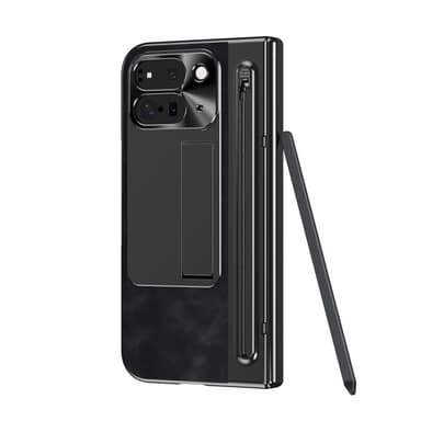 Google Pixel 9 Pro Fold 5G Kotelo Kickstand Nahka+PC Suojakuori Karkaistulla Lasilla ja Stylus - Musta