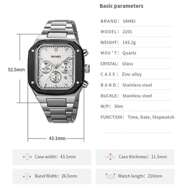 SKMEI Clock Business Quartz Watch Square Fashion Rannekello Luminous - Musta