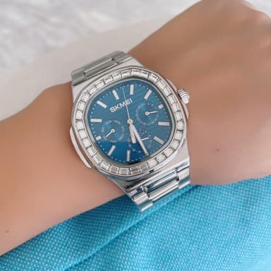 SKMEI Clock Business Miesten kvartsikello Zircon Fashion Rannekello - hopea + sininen
