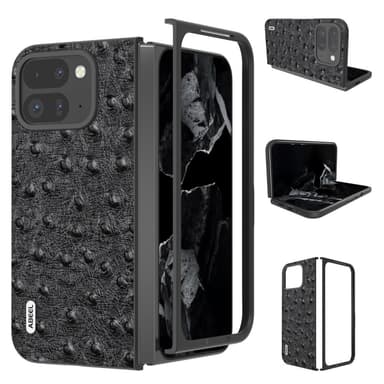 ABEEL Google Pixel 9 Pro Fold 5G Suojakotelo Aitoa Nahkaa + PC Puhelinsuojus Strutsikuviolla - Musta