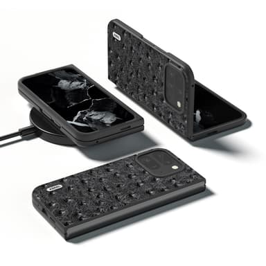 ABEEL Google Pixel 9 Pro Fold 5G Suojakotelo Aitoa Nahkaa + PC Puhelinsuojus Strutsikuviolla - Musta
