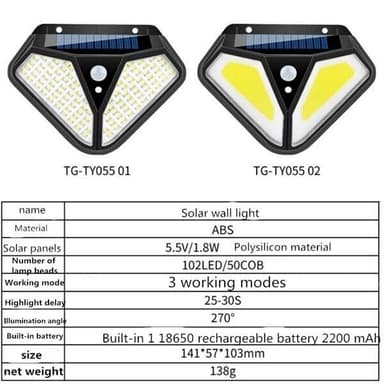 Seinälamppu Aurinkokennovalaistus 102 LED