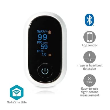 Nedis SmartLife Pulssioksimetri | Bluetooth® | OLED-näyttö | Auditiivinen hälytys / Happikyllästeisyys (SpO2) / Korkean tarkkuuden anturi / Liikkumisen estävät häiriöt / Perfuusioindeksi / Pulssi | Valkoinen