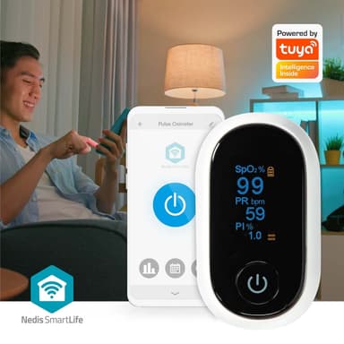 Nedis SmartLife Pulssioksimetri | Bluetooth® | OLED-näyttö | Auditiivinen hälytys / Happikyllästeisyys (SpO2) / Korkean tarkkuuden anturi / Liikkumisen estävät häiriöt / Perfuusioindeksi / Pulssi | Valkoinen